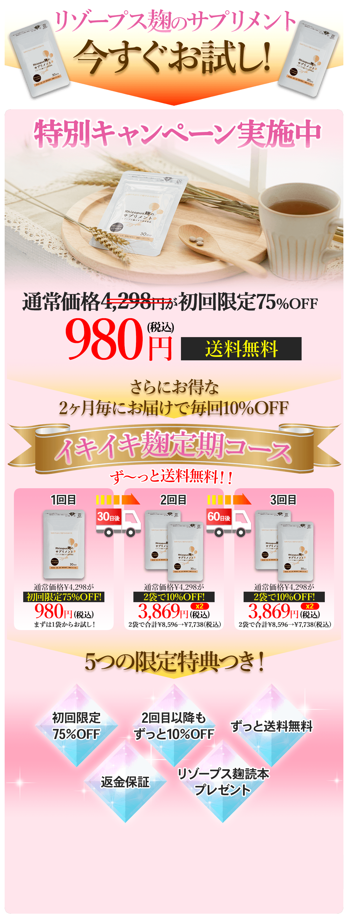 リゾープス麹のサプリメント今すぐお試し！特別キャンペーン実施中！通常価格4,298円が初回限定75％OFF980円（税込）、さらにお得な2ヶ月毎にお届けで毎回10％OFF「イキイキ麹定期コース」ならずっと送料無料！